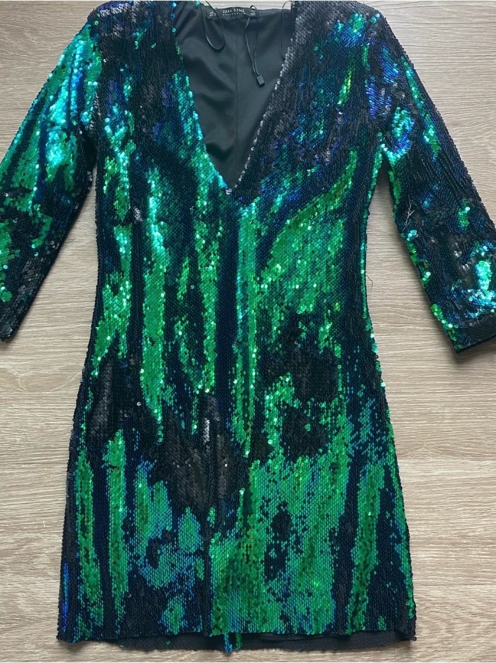 Zara Sequin Mini Dress with V-Neck in Blue and Green
